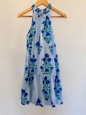 Oliphant Blue Floral Stripe Tiered Halter Dress Size Small 100% Cotton